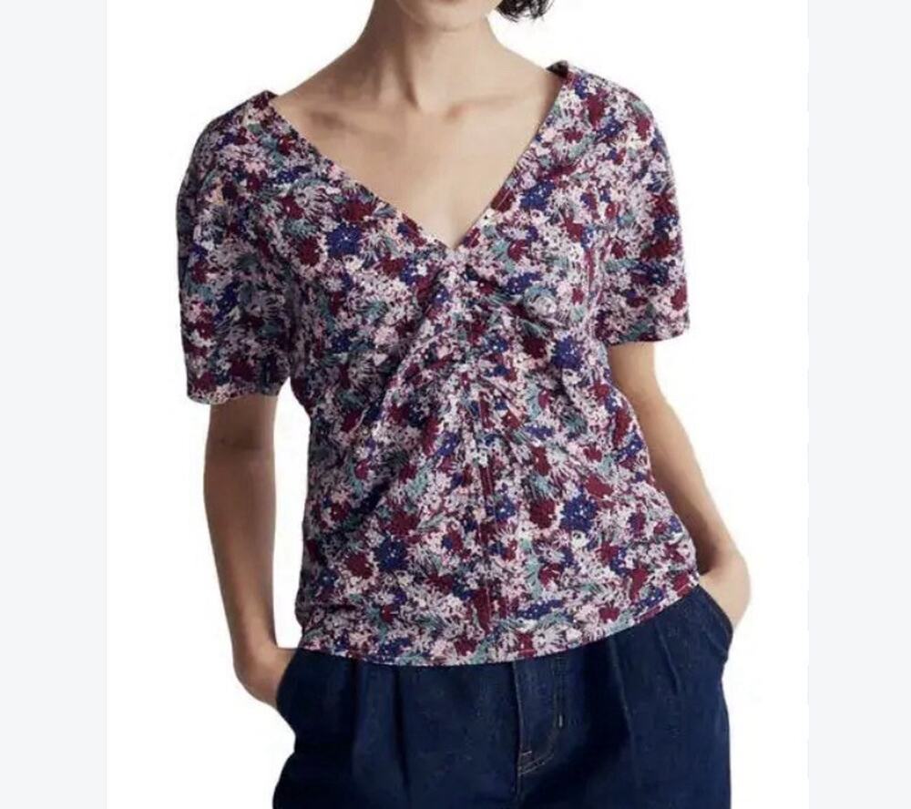 Madewell Puff Sleeve Size 6, Small Top Floral Seersucker V Neck Side Zip EUC